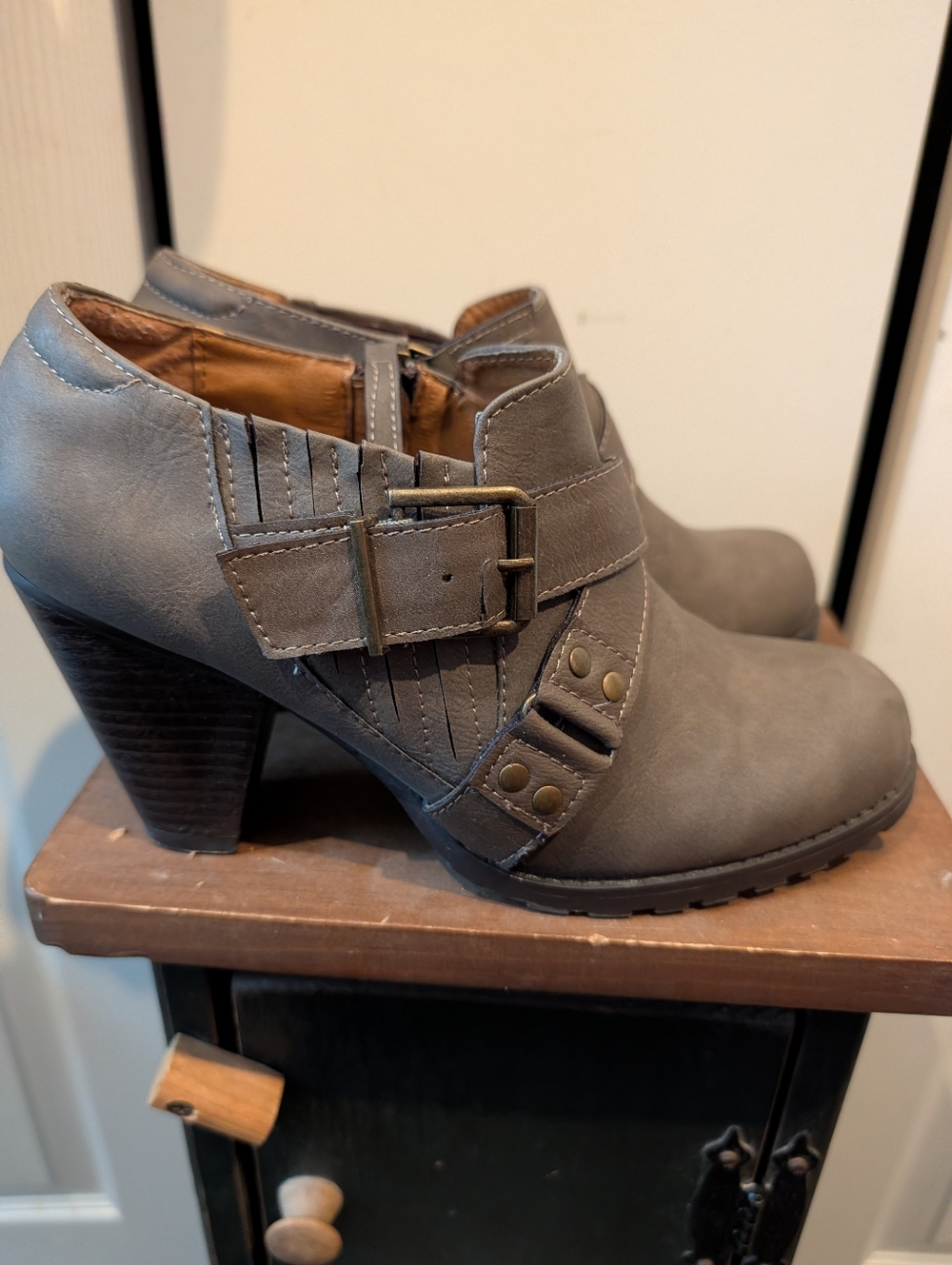 Madeline Gray Buckle Ankle Booties with Stacked Heel